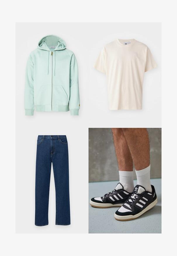 Manta verde menta clara com fecho, feita de tecido macio. Apresenta um capuz com cordão, dois bolsos frontais e punhos canelados. Logótipo no braço.; T-shirt de algodão creme com decote redondo e mangas curtas; apresenta um pequeno logotipo de cor clara no peito.; Jeans de denim azul escuro, de perna reta, com bolsos frontais e fecho de botão, exibidos sobre um fundo branco liso.; Ténis em preto e branco com upper em camurça e couro, apresentando três riscas brancas, um toe perfurado e uma sola em borracha de goma.