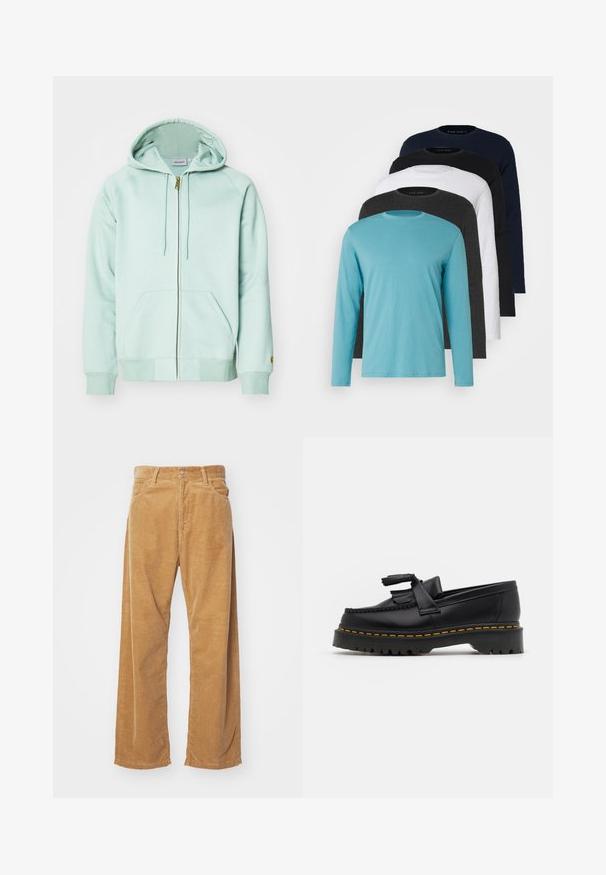 Lys mintgrønn zip-up hettegenser laget av mykt stoff. Har snor i hetten, to frontlommer og ribbede mansjetter. Merke/logo på ermet.; Fem lange ermer T-skjorter på rad: turkis, svart, hvit, mørkegrå og marineblå. Myk stoff med rund halsdesign og standard passform.; Bredde benbukser i kordfløjl i en tanfarve. Har strukturerede, lodrette ribber, med en standard talje og to forlommer.; Svart skinn loafers med en kvastdetalj, med en tjock svart sula och gul sömnad längs kanten. Texturerad yta.