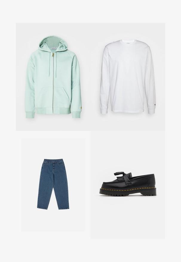 Gaiši mentolzaļš zip-up kapucis, kas izgatavots no mīksta auduma. Tam ir kapuce ar auklu, divas priekšējās kabatas un ribota aproce. Karšu logo uz piedurknes.; Balta garām piedurknēm T-kreklā, kas izgatavots no kokvilnas. Arapa kakla dizains ar ribotām aprocēm un mazu logotipu uz kreisās piedurknes. Gluda tekstūra.; Zilā džinsu auduma bikses ar brīvu piegriezumu, augstu jostasvietu, piecu kabatu dizainu un šuvju akcentiem. Iekļauts pogu un rāvējslēdzēja aizdare.; Melnas ādas mokasīni ar pērlītēm uzsvaru, ar masīvu melnu zoli un dzeltenu šuvumu gar malu. Ar teksturētu apdari.
