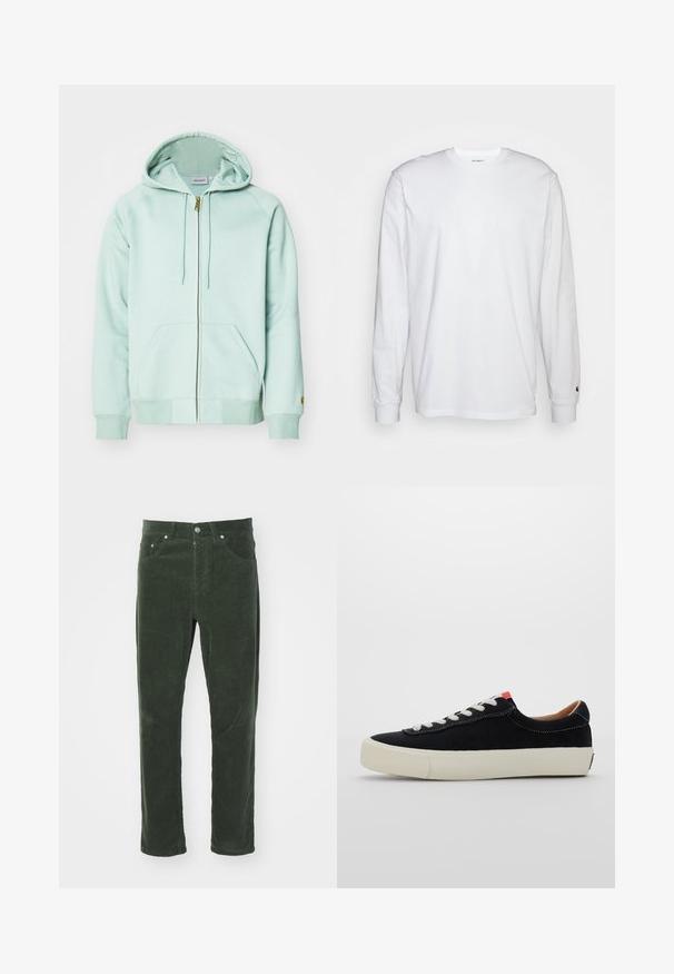 Svijetlo zeleni zip-up kaput od mekane tkanine. Ima kapuljaču s vezicom, dva prednja džepa i rebraste manžete. Logotip marke na rukavu.; Bijela dugopruga majica s dugim rukavima od pamuka. Dizajn s okruglim izrezom, rebrastim manžetama i malim logotipom na lijevom rukavu. Glatka tekstura.; Zelene ženske pamučne hlače od kordura s ravnim krojem, imaju pet džepova, metalno dugme za zatvaranje i teksturiranu rebrastu površinu.; Crne platnene tenisice s bijelim vezicama, bež guma sole i crvenim akcentom na peti. Zaobljen vrh i minimalni detalj šivanja.