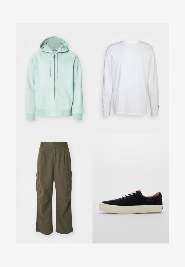 Ljust mintgrön zip-up hoodie i mjukt tyg. Har en dragsko på huvan, två framfickor och ribbade ärmslut. Kortlogo på ärmen.; Vit långärmad T-shirt i bomull. Rundhalsdesign med ribbad mudd och en liten logotyp på vänster ärm. Slät textur.; Cargo-byxor i olivgrön, tillverkade av bomull, med vid bendesign, veck och sidofickor för funktion.; Svart tygsneaker med vita snörning, beige gummisula och röd detalj vid hälen. Rundad tå och minimal sömnadsdetalj.