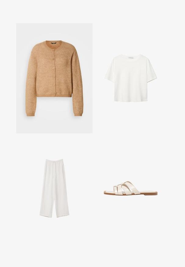 Beige knitted cardigan with a round neckline, six buttons down the front, and long sleeves. Soft texture with a slightly cropped fit.; White short-sleeve t-shirt made of cotton. Features a crew neckline and a relaxed fit. Smooth texture with no visible patterns or accents.; White wide-leg trousers made from a lightweight fabric. Features an elastic waistband with a drawstring and side pockets. Smooth texture.; Flat sandals with a tan rubber sole, designed with three overlapping white leather straps and a small bow detail at the center.