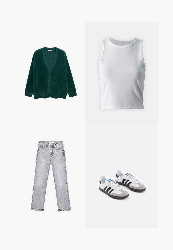 Grüne, flauschige Strickjacke mit V-Ausschnitt, langen Ärmeln und Knöpfen vorne. Sie weist eine weiche Textur auf und hat einen lockeren, entspannten Schnitt.; Weißes, geripptes Tanktop mit runder Ausschnittform und ärmellosem Design, ausgestattet mit einem geraden Saum und einer glatten, dehnbaren Textur.; Graue Jeans aus Denim mit geradem Bein, mit Used-Effekten, fünf Taschen und kupferfarbenen Nieten. Der Bund verfügt über ein Logoshirt.; Sportschuhe mit einem Obermaterial aus weißem Leder, grauer Wildleder-Zehenkappe und drei schwarzen Streifen. Sie verfügen über ein blaues Logo auf der Zunge und eine strukturierte Gummisohle.