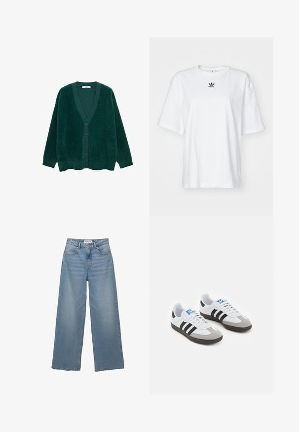 Cardigan verde peloso con scollo a V, maniche lunghe e bottoni frontali. Presenta una texture morbida e una vestibilità ampia e rilassata.; T-shirt bianco a maniche corte in cotone. Presenta un collo rotondo e un piccolo logo Adidas nero sul petto. Orlo dritto.; Jeans a gamba larga di colore azzurro chiaro realizzati in denim. Caratterizzati da vita alta, cinque tasche e un taglio dritto con minima scoloritura.; Scarpe sportive con tomaia in pelle bianca, punta in suede grigia e tre strisce nere. Presentano un logo blu sulla linguetta e una suola in gomma testurizzata.
