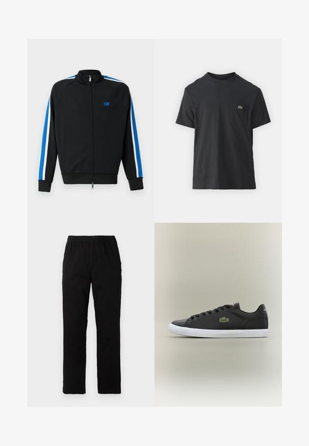 Jachetă de trening neagră cu fermoar, cu guler înalt, având dungi albastre și albe pe mâneci și un mic logo albastru pe piept.; Tricou din bumbac negru, cu mâneci scurte, decolteu rotund și un mic logo verde pe buzunarul stâng al pieptului. Design simplu, fit normal.; Pantaloni negri dintr-un material textil amestecat de bumbac, cu croială dreaptă, talie elastică cu nasture și fără modele sau accente vizibile.; Tenisi negri din piele cu talpă din cauciuc alb, având un logo verde de crocodil și șireturi rotunde, design elegant cu textură fină.