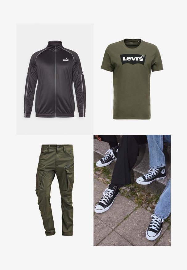 Svart zip-up jakke med høy krage, laget av glatt stoff. Har hvite detaljer langs sømmene og en liten hvit logo på brystet.; Oliven grønn bomulls t-skjorte med en stor svart Levi's-logo på forsiden. Klassisk crewneck og korte ermer, glatt tekstur.; Olivengrønne cargo-bukser lavet af robust bomuld. Har flere lommer, en lynlåslomme på siden og tætsiddende ben med en let struktureret overflade.; Sorte høyre sneakers i kanvas med hvite gummisåler og snøringer, med et rundt logo på siden og kombinert med denim og sorte bukser.