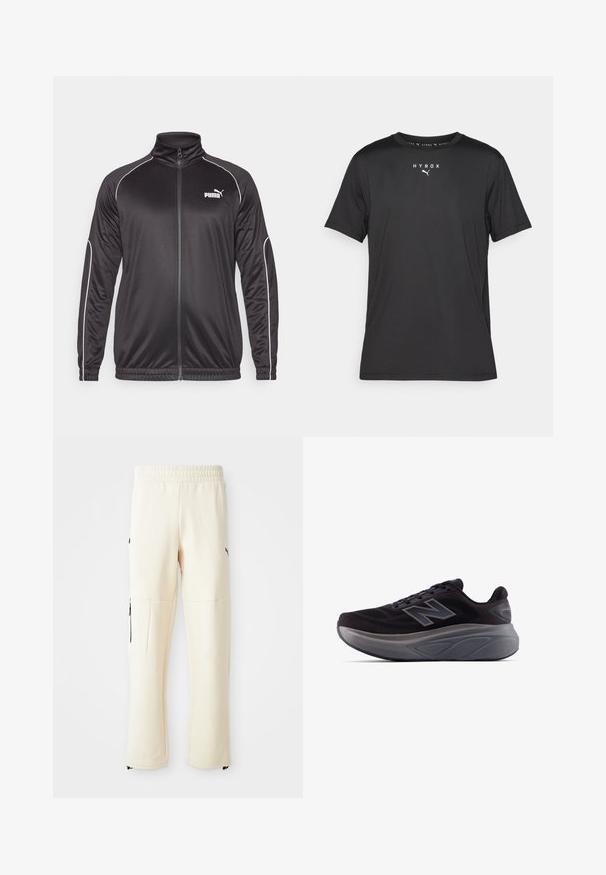 Black zip-up jacket with a high collar, made of smooth fabric. Features white piping along the seams and a small white logo on the chest.; Black short-sleeve sports t-shirt made of lightweight fabric. Features a crew neck and printed "HYROX" logo with a Puma emblem on the front.; Light beige sweatpants made from soft fabric. Features a black logo, side pockets with zippers, and a relaxed fit.; Black athletic shoe with a textured upper, reinforced heel, and a thick gray sole. Features a prominent "N" logo.