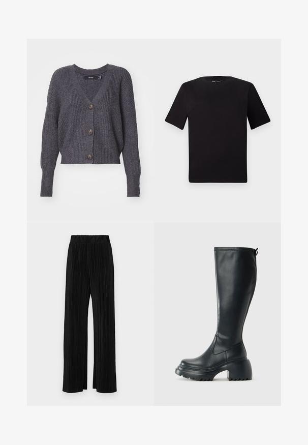 Cardigan lavorato a maglia grigio scuro con scollatura a V, maniche lunghe e cinque bottoni sul davanti. Presenta una texture a coste e un design corto.; T-shirt nera a maniche corte con scollatura rotonda, realizzata in morbido cotone. Design semplice, senza loghi o motivi visibili.; Pantaloni neri a plissé con vita elasticizzata. Presentano gamba ampia e un tessuto liscio e texture con strisce verticali.; Stivale lungo in pelle nera con suola piatta robusta e tacco a blocco, dotato di linguetta e battistrada testurizzato sulla suola.