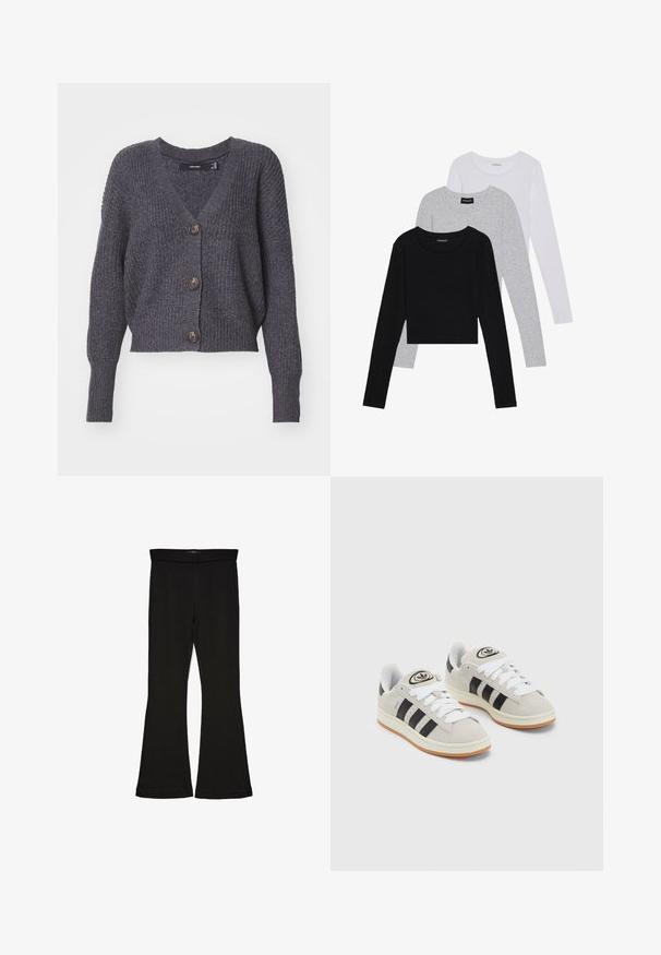 Tumši pelēks adīts džemperis ar V-veida kakla izgriezumu, garām piedurknēm un piecām pogām priekšpusē. Satur ribotu tekstūru un īsu dizainu.; Trīs garām piedurknēm veidotas augšdaļas, sakrautās: melna, pelēka un balta. Katram ir noapaļots kakla izgriezums un īsa dizaina forma ar gludu, vieglu audumu.; Melnas flared leggings, kas izgatavotas no stiepjama auduma. Iezīmējas ar platu jostasvietu un gludu tekstūru, ar pieguļošu siluetu, kas paplašinās pie apakšmalas.; Pelēkas zamšādas kedas ar baltām saites, melnām svītrām un baltu gumijas zoli. Raksturīga apļa logo uz mēles un gumijas zole.