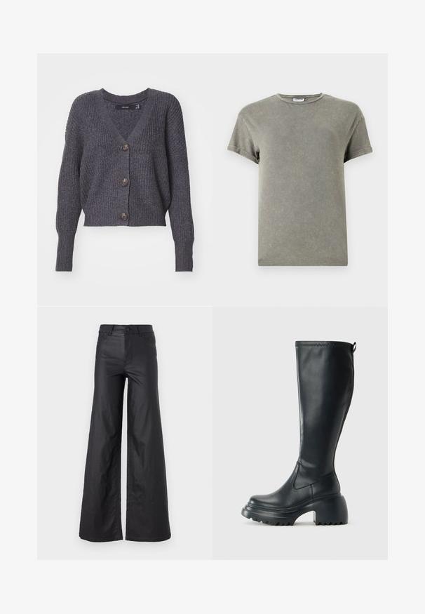 Donkergrijze gebreide cardigan met een V-hals, lange mouwen en vijf knopen aan de voorkant. Heeft een geribbelde textuur en een cropped ontwerp.; Verbleekte groene t-shirt, korte mouwen, ronde halslijn, zachte katoen materiaal, licht versleten textuur, casual pasvorm.; Zwarte, wijde broek van faux leer. Kenmerken zijn een hoge taille, riemlussen, twee voorkzakken en gestikte details.; Hoge zwarte leren laars met een chunky plateauzool en blokhak, voorzien van een trekband en een gestructureerd profiel op de buitenzool.