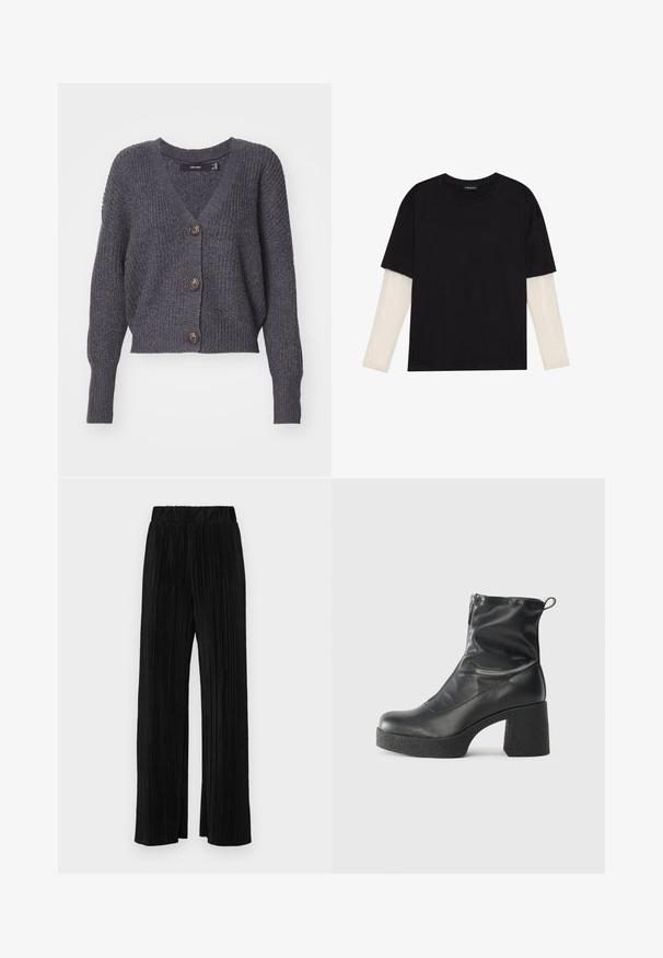 Dark gray knitted cardigan with a V-neck, long sleeves, and five buttons down the front. Features ribbed texture and cropped design.; Black T-shirt made of cotton, featuring short sleeves over a white long-sleeve layer with a subtle textured pattern. Crew neckline design.; Black pleated trousers with an elastic waistband. Features wide legs and a smooth, textured fabric with vertical stripes.; Black ankle boots made of smooth leather, featuring a side zipper, chunky textured heel, and rounded toe design.
