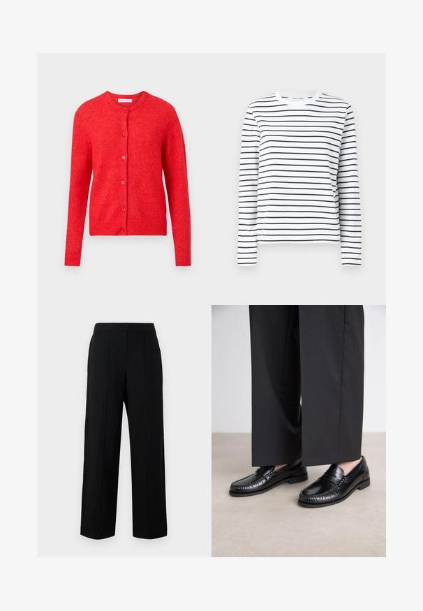 Raudona megzta kardiganas su ilgomis rankovėmis, apvaliu iškirpimu ir mygtukų užtrauktuku priekyje. Minkšta tekstūra su įribuotais akcentais rankogaliuose ir apačioje.; Ilga rankovė marškiniai iš baltos medvilnės su juodomis horizontaliomis juostelėmis. Turi apvalų kaklą ir laisvą siluetą. Nėra išskirtinių akcentų ar raštų.; Juodos plačių kojų kelnės iš lygaus audinio, turinčios lygų priekį, dvi vertikalias siūles ir paprastą juosmens dizainą.; Juodi odiniai loaferiai su lygia apdaila, siuvinėjimu aplink pirštą ir žema gumine padu. Derinami su plačiomis juodomis kelnių.