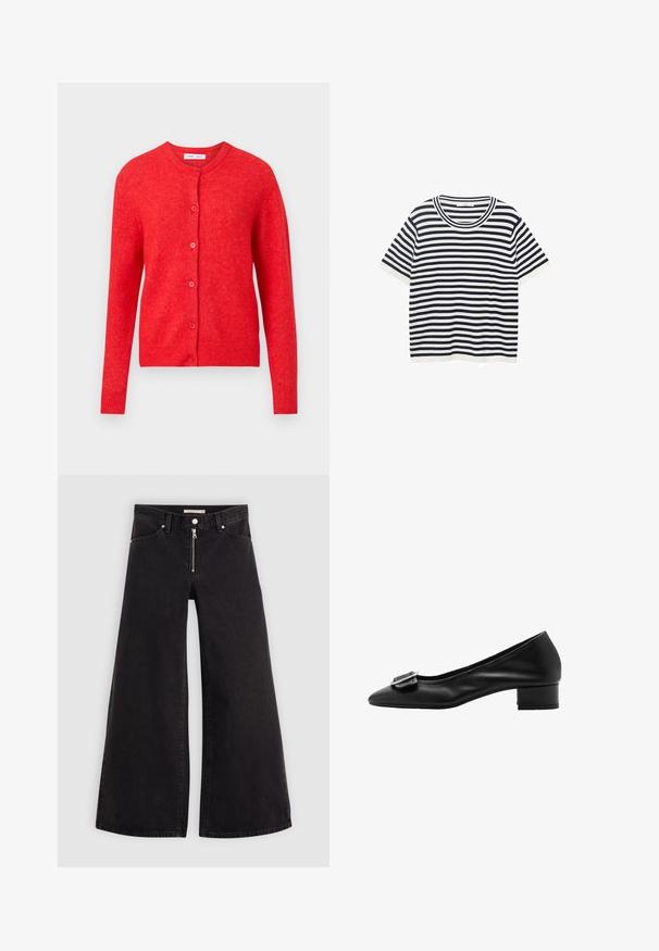 Red knitted cardigan featuring long sleeves, a round neckline, and button closure down the front. Soft texture with ribbed accents at cuffs and hem.; Striped t-shirt made of cotton with navy and white horizontal stripes, features a round neckline and short sleeves. Smooth texture.; Wide-leg jeans in black denim with a zippered front, five-pocket design, and subtle stitching details. Smooth texture and casual style.; Black leather pump with a pointed toe, small block heel, and decorative buckle detail on the vamp. Smooth texture and simple design.