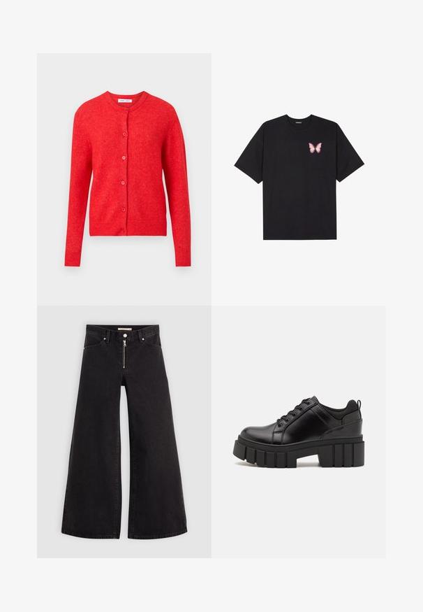 Cardigan tricotado em vermelho, com mangas longas, decote redondo e fecho de botão na frente. Textura suave com detalhes canelados nos punhos e na bainha.; T-shirt de algodão preto com mangas curtas, apresentando um pequeno gráfico de borboleta rosa no lado esquerdo do peito. Design de gola redonda com um corte solto.; Calças de ganga de perna larga em denim preto com fecho éclair à frente, design de cinco bolsos e detalhes de costura subtil. Textura suave e estilo casual.; Sapatos de plataforma em couro preto com um salto bloco robusto, bico redondo e design clássico de atacadores. Apresentam uma textura suave e detalhes mínimos.