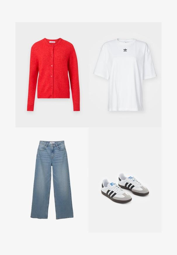Rdeča pletena cardigan s dolgimi rokavi, okroglo izrezom in gumbom na sprednji strani. Mehka tekstura z rebrastimi detajli na manšetah in robu.; Bela kratka majica s kratkimi rokavi iz bombaža. Ima krožni ovratnik in majhen črn Adidasov logotip na prsih. Ravna podoba.; Svetlo modri široki jeans iz denima. Ima visok pas, pet žepov in ravno kroj z minimalnim bledenjem.; Športni čevlji z belim usnjenim zgornjim delom, sivim semišem na prstih in tremi črnimi črtami. Imajo modro logo na jeziku in teksturiran gumijast podplat.