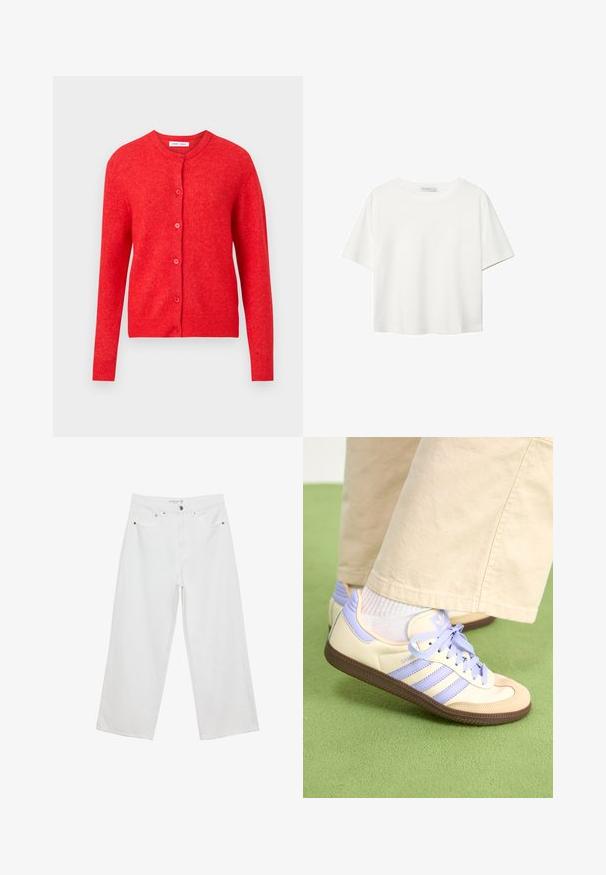Červený pletený cardigan s dlhými rukávmi, okrúhlym výstrihom a zapínaním na gombíky vpredu. Mäkkučká textúra s rebrovanými detailmi na manžetách a leme.; Biela krátkopsová tričko vyrobené z bavlny. Má okrúhly výstrih a voľný strih. Hladká textúra bez viditeľných vzorov alebo akcentov.; Biele široké džínsy z denimu s vysokým pásom, vybavené piatimi vreckami a kovovými doplnkami. Hladká textúra, žiadne viditeľné vzory.; Krémovo-fialové tenisky so tromi pruhmi a štruktúrovanou hnedou podrážkou, s šnúrkami a polstrovaným opätkom. Mäkký textilný zvršok.