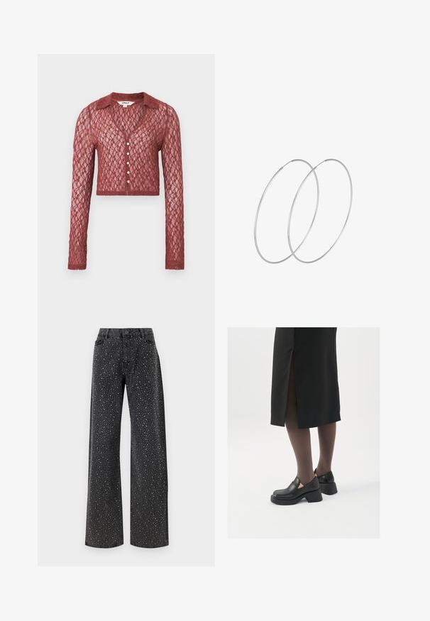 Südamlik roosa pitskardigan, lühike pikkus, pikad varrukad, V-kaelus, nupuga kinnitamine, detailne tekstuuriga muster.; Musternahkade pikkade varrukatega must bodi, millel on läbipaistev V-kujuline kaelus ja korraldatud õlavarre detail. Sile kangas, millel on vormiv kujundus.; Noisy May NMJANNEL LOOSE - Avar lõikega teksad - black denim; Mustad mustad jalatsid ümmarguse varbaga, paksu plokkniidi ja elastsete külgdetailidega, kombineeritud tumedate sukkade ja musta lõhikuga seelikuga.; Hõbedased rõngastikkaehingad minimalistlikus disainis. Ümar kuju, sile tekstuur ja õhuke profiil. Kerged ning poleeritud viimistlusega.