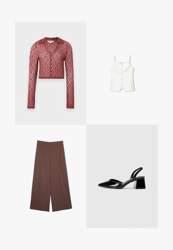 Spitzenstrickjacke in tiefrot, kurze Länge, lange Ärmel, V-Ausschnitt, Knopfverschluss, verziert mit einem strukturierten Muster.; Weißes ärmelloses Oberteil mit Knopfleiste, Seitentaschen und einem figurbetonten Design mit leicht ausgestellt geschnittenem Saum. Glatte Textur, minimale Details.; Braune Weite-Leg-Hosen mit einer glatten Textur, hoher Taille und Vorderfalten. Der Stoff ist leicht und fällt locker.; Schwarze Lackleder-Slingback-High Heels mit spitzem Schuh und einem geometrischen Blockabsatz. Verfügt über ein schlankes, minimalistisches Design und eine glatte Textur.