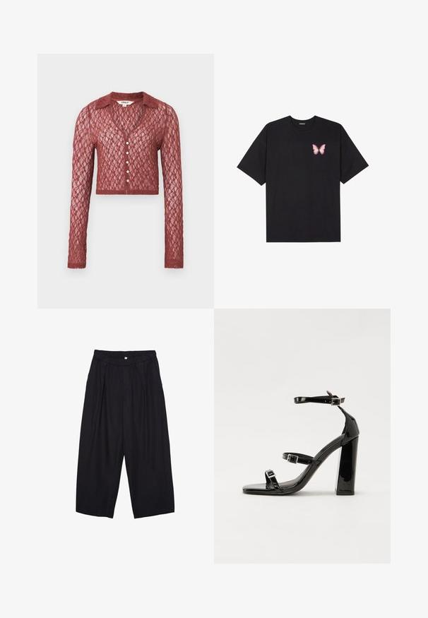 Čipkast kardigan v temno rdeči barvi, skrajšana dolžina, dolgi rokavi, vdolbina za vrat, zapiranje s gumbi, okrašen z teksturiranim vzorcem.; Črna bombažna majica s kratkimi rokavi, ki ima majhen roza metuljček na levi strani prsnega dela. Majica s krožnim ovratnikom in sproščenim krojem.; Črne poliesterske culotte hlače z elastičnim pasom, dvema sprednjima nabiranjema in ohlapnim krojem. Brez vidnih vzorcev ali kovinskih detajlov.; Črne lakirane sandale s peto, kvadratnim prstom, trakovi okrog gležnja in srebrnimi zaponkami. Opremljene so s stabilno Debelo peto.