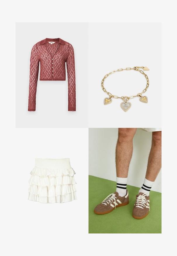 Kanten cardigan in diep rood, cropped lengte, lange mouwen, v-hals, knoopsluiting, gedetailleerd met een textuurpatroon.; Twee getailleerde tanktops in zwart en wit. Gemaakt van geribbelde katoen, ze hebben brede schouderbanden en afgeronde halslijnen. Merken op de kraag.; Witte gerimpelde rok met een smock taille. Heeft gelaagde, doorschijnende stofruffels die een textuur en vloeiende uitstraling creëren.; Bruine suède sneakers met witte accenten en veters. Rubberen gumzool. Draag met witte sokken met zwarte strepen. Groene gestructureerde vloer.; Goudkleurige hartbedelarmband met drie hangende harten, waarvan twee versierd zijn met kristallen. Schakelkettingontwerp, met een veilige sluiting.
