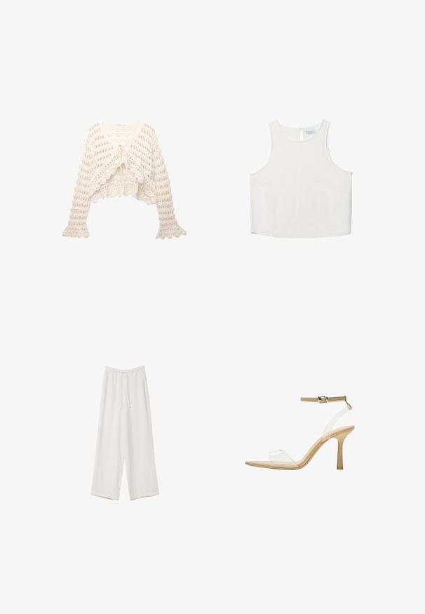 Häkelte Strickjacke in Off-White. Merkmale ein verkürztes Design, ausladende Ärmel und eine Bindeschließe vorne mit einem offenen Strickmuster.; Weißes ärmelloses Oberteil mit rundem Halsausschnitt, das über eine subtile Textur, ein Schlüsselaugen-Rückendetail und einen geraden Saum verfügt.; Weiße weit geschnittene Hose aus leichtem Stoff. Mit einem elastischen Bund und Kordelzug sowie Seitentaschen. Glatte Textur.; Durchsichtige Sandale mit transparentem Obermaterial, beigem Fußbett und einem schlanken Knöchelriemen. Sie hat eine spitz zulaufende Zehenpartie und einen dünnen, hohen Absatz.