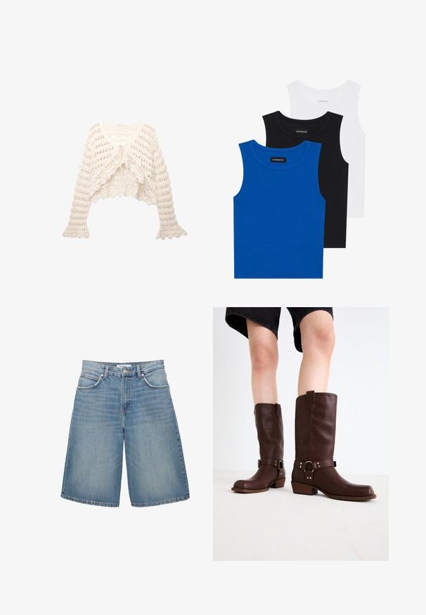Cardigan croșetat în nuanță albă murdară. Are un design scurt, mâneci evazate și un închidere cu fundă în față, cu un model de tricot deschis.; Trei tricouri fără mâneci, în culorile albastru, negru și alb. Materialul este texturat, cu un decolteu rotund. Fiecare tricou are un eticheta pe care scrie "even&odd."; PULL&BEAR Pantaloni scurți din denim - blue denim; Cizme din piele maro, până la genunchi, cu vârf rotunjit, suprafață texturată, curea la gleznă și detalii din metal argintiu; toc înălțat.