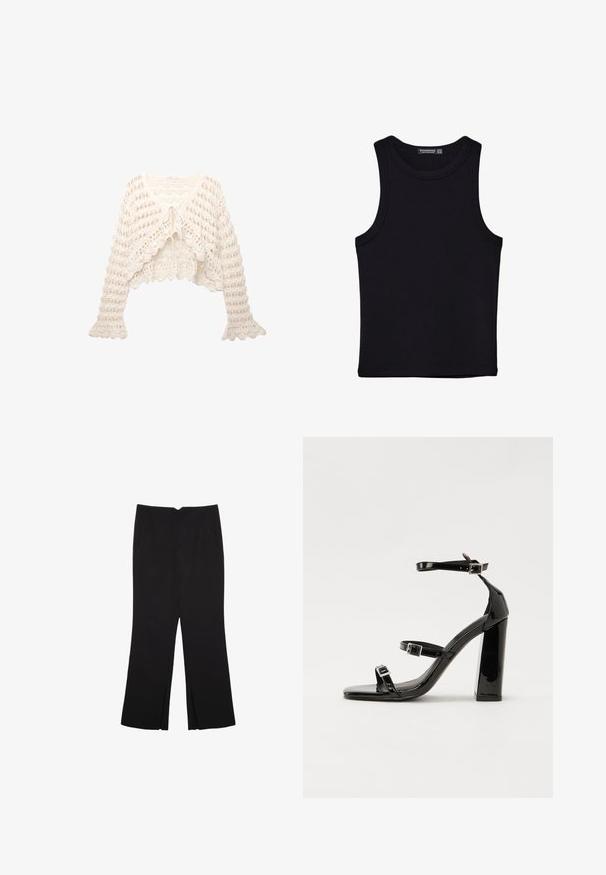 Háčkovaná Cardigan v off-white farbe. Obsahuje skrátený strih, rozšírené rukávy a viazanie na prednej strane s otvoreným pleteným vzorom.; Čierny tank top vyrobený z bavlny, s okrúhlym výstrihom a širokými ramienkami. Hladká textúra so zošitými okrajmi. Klasický, minimalistický dizajn.; Čierne nohavice so strihom rovného strihu, s prednými vreckami a bočnými rozparkami na leme. Vyrobené z mäkkej, hladkej tkaniny. Vhodné na rôzne príležitosti.; Čierne lakované sandále na podpätku so štvorcovou špičkou, navlečenými remienkami okolo členku a striebornými prackami. Disponujú masívnym blokovým podpätkom pre stabilitu.