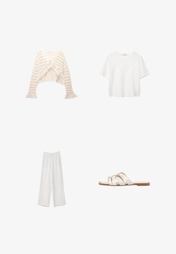 Virkat kardigan i off-white. Har en kortad design, utsvängda ärmar och en knytning framtill med ett öppet stickmönster.; Vit t-shirt med kort ärm i bomull. Har en rundad halsringning och en avslappnad passform. Slät textur utan synliga mönster eller detaljer.; Vita vida byxor i vid passform gjorda av ett lättviktsmaterial. Har en elastisk midja med dragsko och sidofickor. Slät textur.; Platta sandaler med en brun gummisula, designade med tre överlappande vita läderspännen och en liten rosett i mitten.