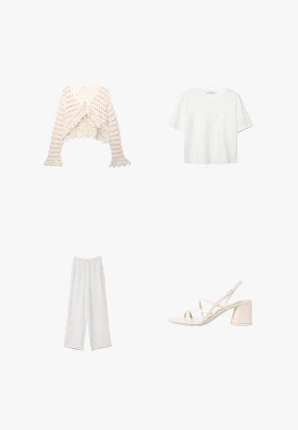 Pletena kardigan u boji off-white. Ima skraćeni dizajn, raširene rukave i vezanje sprijeda s otvorenim pletenim uzorkom.; Bijela majica kratkih rukava od pamuka. Ima okrugli izrez i opušteni kroj. Glatka tekstura bez vidljivih uzoraka ili naglasaka.; Bijele hlače širokih nogavica napravljene od lagane tkanine. Imaju elastičan pojas s ušicom i bočne džepove. Glatka tekstura.; Bež sandale na visoku petu sa trakama, zaobljenim otvorenim prstom i srednjom blok petom. Imaju prilagodljivu traku oko gležnja i glatku, sjajnu površinu.
