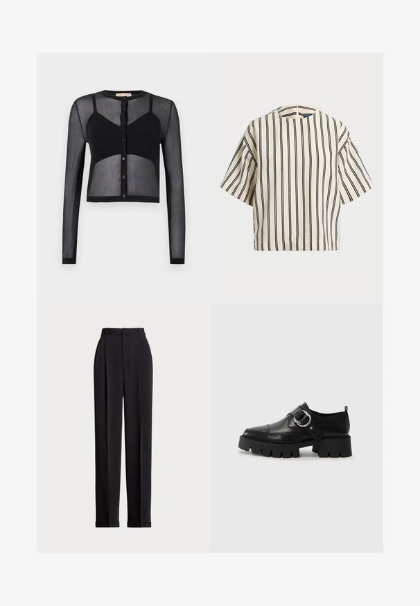 Zwarte, korte cardigan met lange mouwen, gemaakt van transparante stof. Heeft een knopenfront en contrasterende effen secties voor textuur en visuele interesse.; Korte mouwen, gestreepte top in crème en marineblauw, met een ronde halslijn en een boxy ontwerp van een textuurstof.; Zwarte op maat gemaakte broek met een hoge taille, voorzien van plooien aan de voorkant, een recht gesneden ontwerp en een omslagrand. Gemaakt van een soepele stof.; Zwarte leren schoenen met een robuuste, geribbelde zool, voorzien van een ronde zilveren hardwareaccent en minimale stikdetails.