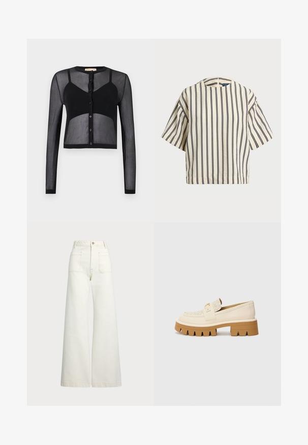 Svart kort cardigan med lange ermer, laget av gjennomsiktig stoff. Har knappestolpe foran og kontrasterende solide seksjoner for tekstur og visuell interesse.; T-skjorte med korte ermer, stripet i kremfarge og marineblå, med rund hals og en boxy design i en strukturert stoff.; Vidde bukser i off-white denim. Høyt liv-design med knappelukking, to frontlommer og kontrastsøm detaljer.; Beige loafers med en teksturert kremfarget stropp, med en kraftig brun såle med tannlignende mønstre. Gullfarge på spenne-detaljen.