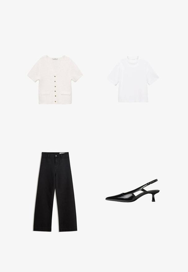 Cardigan bianco a maniche corte realizzato in tessuto texturizzato, con scollatura a V, tasche frontali e bottoni dorati lungo il centro.; T-shirt bianca in cotone a maniche corte con scollatura rotonda. Design semplice, vestibilità ampia, texture liscia. Nessun motivo o accento visibile.; Pantaloni in denim neri a gamba larga con vita alta, dotati di tasche anteriori e posteriori, cuciture a punto, e chiusura con bottone. Texture liscia.; Tacchi slingback in pelle verniciata nera con punta affusolata, design con tagli laterali e tacco quadrato piccolo. Texture liscia con dettagli minimi.