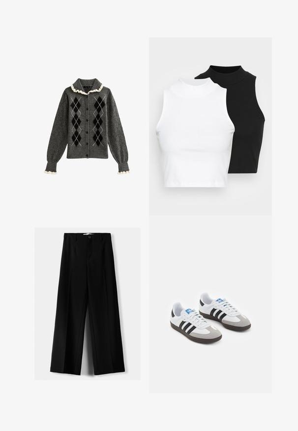 Grijze cardigan met argyle-patronen in zwart en wit, geribde manchetten, een gerimpelde kraag en knoopsluiting. Gemaakt van zacht breimateriaal.; Twee mouwloze ribgebreide coltruien in zwart en wit, met een slim fit ontwerp en een gladde textuur, met een cropped lengte.; Zwarte wijde broek van lichtgewicht stof, met een knoopsluiting aan de voorkant en een vlakke achterkant, afgewerkt met keurig gestikte zoom.; Sportschoenen met een witte leren bovenkant, grijze suède neus en drie zwarte strepen. Bevat een blauw logo op de tong en een gestructureerde rubberen zool.