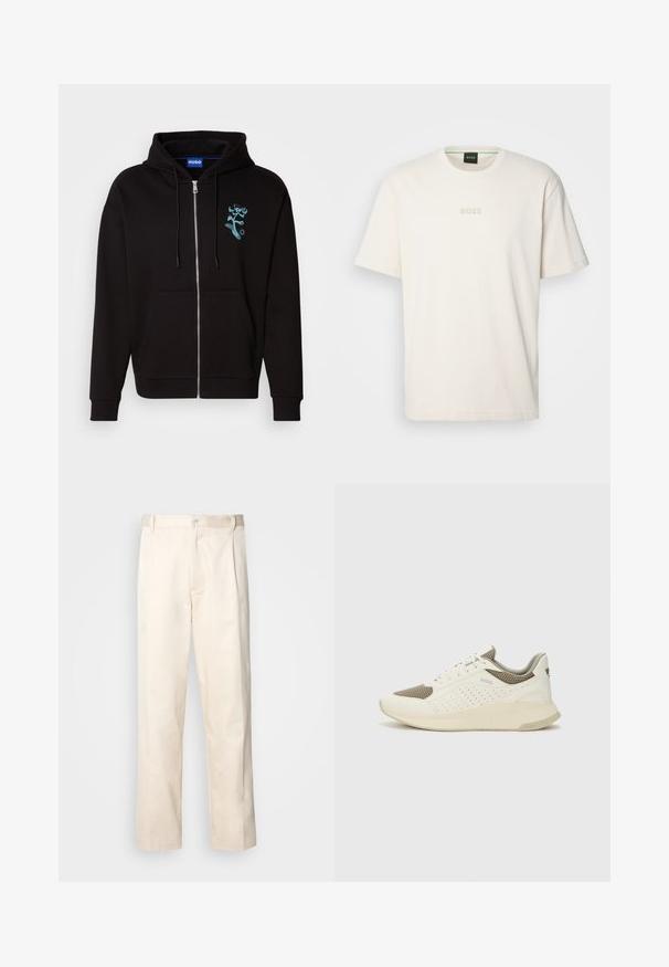 HUGO NUGOHOOD - Felpa con cappuccio - black; BOSS TEE - T-shirt basic - open white; Pantaloni in cotone beige con taglio dritto, dotati di chiusura a bottone e pence sul davanti per un tocco di dettaglio in più.; Sneaker atletica bianca e beige chiaro, con tomaia in mesh, dettagli perforati e una suola intermedia texturizzata con marchio sul tallone.
