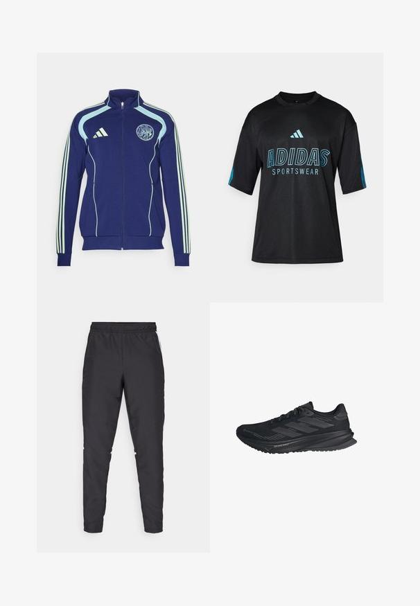 Mornarska atletska jakna s blagim zelenim naglascima, s patentnim zatvaračem sprijeda, visokim ovratnikom i rukavima s tri pruge. Ima okrugli logo na prsima.; Crna Adidas sportska majica s mrežastom teksturom, kratkim rukavima, okruglim ovratnikom i plavim logotipom te natpisima na prednjem dijelu i rukavima.; Crne atletske hlače s elastičnim strukom, sužavajućim nogavicama i bijelim bočnim naglascima. Izrađene od sintetičkog materijala s glatkom teksturom.; Crne Adidas trkaće tenisice s Gore-Tex gornjim dijelom, tri pruge sa strane i "Dreamstrike" na potplatu, prikazane s vanjske strane.