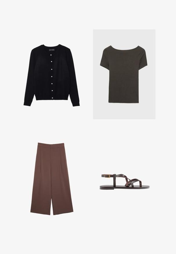 Svart cardigan i lätt tyg, med rund hals, långa ärmar och åtta vita pärlknappar framtill.; Mörkgrå kortärmad topp med båthals. Tillverkad av ribbad tyg, med avslappnad passform och ren fåll. Enkelt design, inga mönster.; Bruna vida byxor med en slät textur, som har hög midja och framfickor. Tyget är lätt och flödar löst.; Bruna lädersandaler med korsade remmar, spänne runt vristen och en platt sula med minimala sömnadsdetaljer.