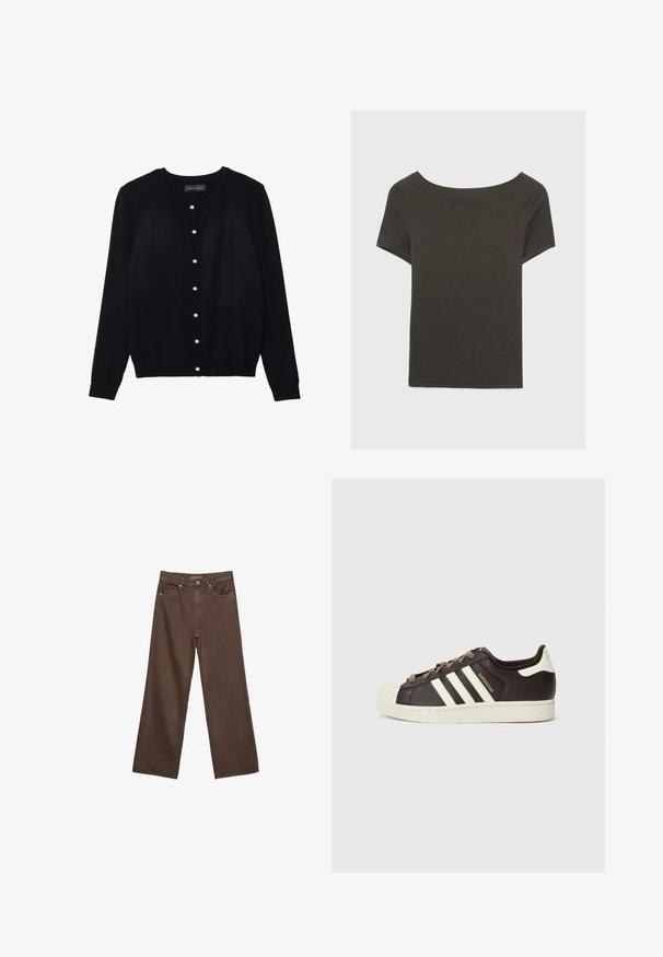 Czarny kardigan wykonany z lekkiego materiału, z okrągłym dekoltem, długimi rękawami oraz ośmioma białymi guzikami z pereł na przodzie.; Czarna szara bluzka z krótkim rękawem i dekoltem w kształcie łódki. Wykonana z prążkowanej tkaniny, ma luźny krój i czyste wykończenie. Prosty design, bez wzorów.; Szerokie brązowe dżinsy wykonane z denimu, z wysokim stanem, przednimi kieszeniami i klasycznym zapięciem na guzik. Gładka faktura z subtelnym przeszyciem.; Niskie trampki Adidas Superstar z ciemnobrązowej skóry z kremowym noskiem w kształcie skorupy, białymi paskami i napisem „Superstar” po boku.