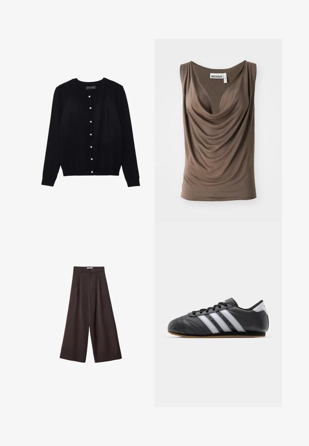 Črn kardigan iz lahkega blaga, z okroglim ovratnikom, dolgimi rokavi in osmimi belimi bisernimi gumbi, ki zapirajo sprednji del.; Rjava drapirana brezrokavnik s globokim izrezom. Narejena iz mehkega blaga z gladko teksturo. Na ovratniku je oznaka "WEEKDAY".; Črne široke hlače z visokim pasom, ki vsebujejo sprednje nabore in z gumbom za zapiranje na pasu, izdelane iz gladkega materiala.; Črne usnjene športne čevlje z belimi črtami, okroglo konico, ravnim podplatom in vezalnim zapiranjem. Ima perforacije za zračnost.