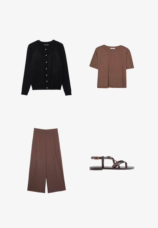 Musta neuletakkia, joka on valmistettu kevyestä kankaasta. Siinä on pyöreä kaula-aukko, pitkät hihat ja kahdeksan valkoista helmiäispainonappia edessä.; Kahvinsävyinen lyhythihainen t-paita, joka on valmistettu pehmeästä kankaasta. Pyöreä pääntie ja rento malli. Ei näkyviä kuvioita tai koristeita.; Ruskeat leveälahkeiset housut, joissa on sileä pinta, korkea vyötärö ja etupleat. Kangas on kevyttä ja laskeutuu väljänä.; Ruske kožne sandale s križnim trakama, zatvaranjem na kopču oko gležnja i ravnim potplatom s minimalnim detaljima šivanja.