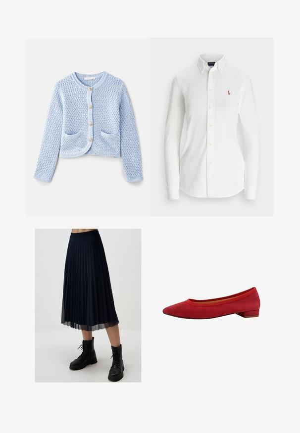 Vanessa Bruno DORINA - Vest - neptune; Witte overhemd met lange mouwen en een puntkraag, gemaakt van katoen. Voorzien van een klein geborduurd logo op de linkerborst.; Marineblauwe plissérok van lichtgewicht stof, met een lengte tot de middenkuit en een aansluitende tailleband, gecombineerd met zwarte gevechtslaarzen.; Rode suède ballerina's met een puntige neus, lage blokhak en elastisch randje rond de opening voor een perfecte pasvorm.