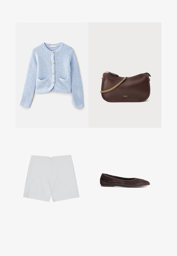 Vanessa Bruno DORINA - Neuletakki - neptune; Valkoinen puuvillapaita, jossa on lyhyet hihat ja pyöreä kaula-aukko. Ominaisuuksiin kuuluu rento istuvuus ja minimalistinen muotoilu ilman kuvioita tai koristeita.; Valkeat shortsit, joissa on räätälöity muotoilu, tasainen etuosa, kaksi sivutaskua ja siisti helma. Valmistettu sileästä kankaasta ilman näkyviä kuvioita.; Ruskeat mokka ballerinat, joissa on terävä kärki ja matala profiili. Ominaisuuksiin kuuluu sileä pintakuvio ja minimalistinen muotoilu. Ei näkyvää metallia tai koristeita.; Ruskea nahkainen käsilaukku, jossa on kaareva muoto ja joka sisältää kultaketjuolkaimen sekä vetoketjukiinnityksen. Logo on kohokuvioitu edessä. Pinta on sileä.