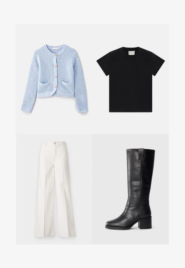 Vanessa Bruno DORINA - Kardigan - neptune; Must valge lühikeste varrukatega T-särk ümarast kaelusest mustal taustal, mille krae sees on valge silt, kus on kirjas "D.R.C. EST. 2002".; Valged laiade jalgadega püksid, mis on valmistatud siledast puuvillast. Omab esitallist ning lukuga sulgemist ja nelja tasku disaini.; Musthave mustad nahktoodete bikiinibootid, millel on sile pind, ruudukujuline varvas, plokk-kand ja külgmine tõmbeaas, minimaalse õmblusega detailid.