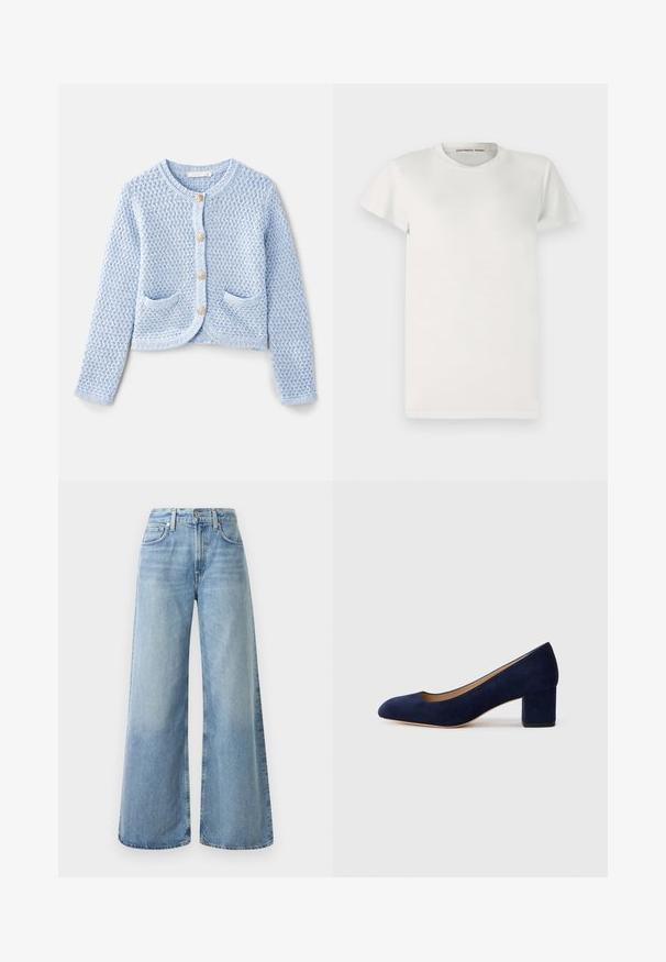 Vanessa Bruno DORINA - Cardigan - neptune; Tricou alb cu mânecă scurtă, fabricat din bumbac, cu guler rotund și croială simplă. Etichetele afișează "DESIGNERS REMIX" în interiorul gulerului.; Jeans din denim de culoare albastru deschis, cu talie înaltă, având patru buzunare, închidere cu nasture și ușoară decolorare pe material.; Pantof cu toc din suede bleumarin, cu vârful ascuțit și un toc de înălțime medie în formă de bloc. Textură netedă cu o strălucire subtilă și o mică decupare în față.