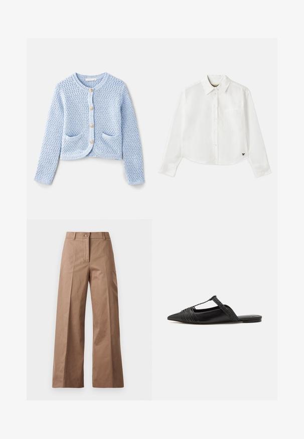 Vanessa Bruno DORINA - Jopica - neptune; Bela skrajšana srajca z dolgimi rokavi iz bombaža. Ima sprednje gumbke, žep na prsih in majhen črn logo na spodnjem levem delu.; Rjave široke hlače iz gladkega materiala, z zapiranjem spredaj na gumb, dvema sprednjima žepoma in čistimi, postavljenimi linijami.; Črne usnjene sandale s priponko, koničastim nosom in tkano dekoracijo ter gubanjem na zgornjem delu. Ravna podplata z minimalno opremo.