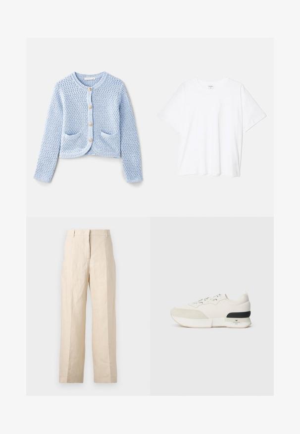 Vanessa Bruno DORINA - Cardigan - neptune; White cotton t-shirt with short sleeves, round neckline, relaxed fit, and stitched hem. Label visible on the inside neck.; Beige linen trousers with a loose fit, pleated front, and straight legs. Features a waistband with belt loops and no visible pockets.; White sneaker featuring a textured suede toe cap, smooth mesh upper, decorative laces, and a black rubber heel accent.