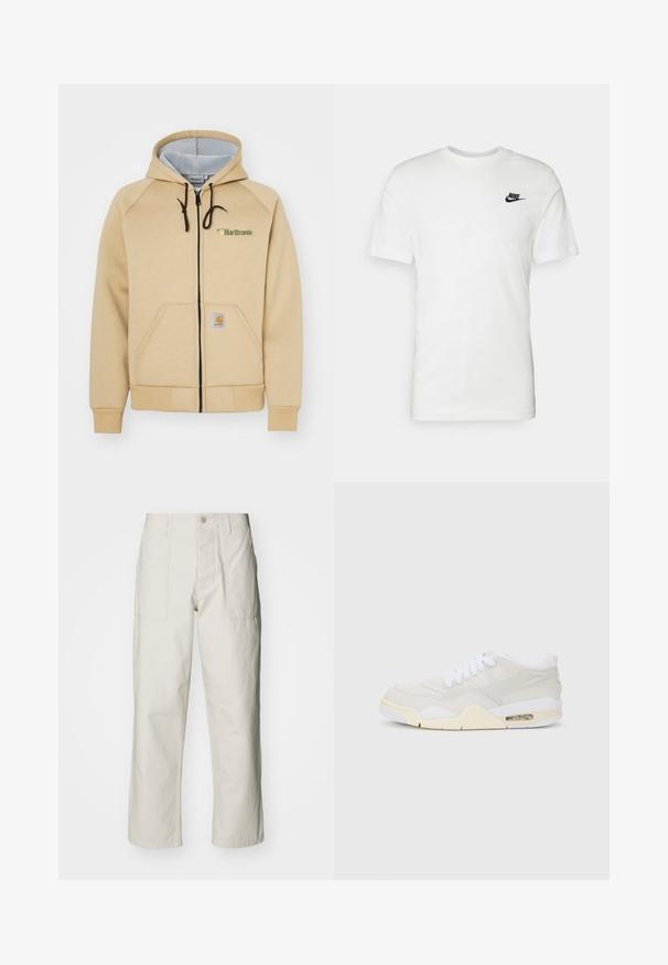 Bežinė užtrauktuku užsiseganti džemperis su kapuce, priekinėmis kišenėmis, juodu užtrauktuku ir logotipo detale. Minkšta medžiaga su sutrauktais rankovėmis ir apatine dalimi.; Balta medvilninė trumpomis rankovėmis marškinėliai su apvalia iškirpte ir juodu Nike logotipu kairėje krūtinės pusėje. Lygus paviršius ir klasikinis siluetas.; Šviesiai pilki plačius kelnes, pagamintas iš medvilnės. Yra priekinės kišenės ir mygtuko uždarymas. Lygus paviršius su subtiliomis vertikaliomis linijomis.; Batai sportiniai su šviesiai smėline sintetine apdaila, baltais raišteliais ir matoma amortizacija. Ypatybių sąraše – lygus padas ir subtilūs šoninės detalės.