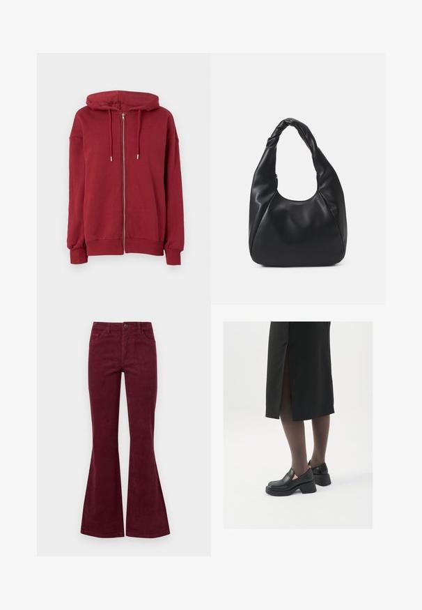 Gina Tricot ZIP HOODIE - Majica s kapuljačom - rumba red; Bijela košulja dugih rukava od rebrastog materijala, s okruglim izrezom i krojem koji se dobro prilagođava tijelu. Nema vidljivih uzoraka ili akcenta.; Bordo kord ženske traperice s pet džepova, prednjim dugmadi i teksturiranim materijalom. Odozdo od koljena do rubova su proširene.; Crne kožne cipele s zaobljenim vrhom, debelim blok petama i elastičnim bočnim detaljima, uparene s tamnim čarapama i crnom suknjom s prorezom.; Crna torba hobo napravljena od glatkog materijala nalik koži s uvrnutom drškama, s mekim, zaobljenim oblikom i zatvaranjem na vrhu sa patentnim zatvaračem.