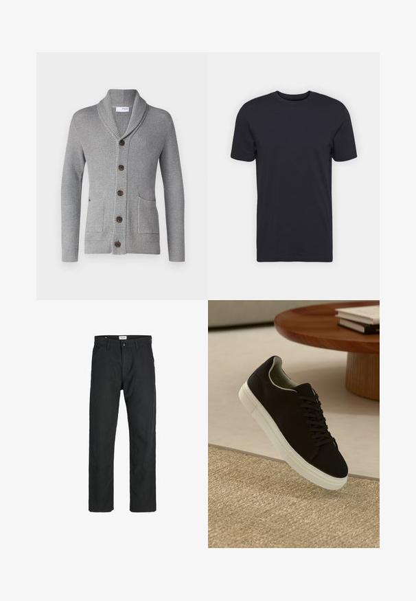 Sivý pletený cardigan s šálovým golierom, piatimi hnedými gombíkmi, dvoma prednými vreckami a rebrovanými manžetami. Štruktúrovaná tkanina ponúka útulný vzhľad.; Čierne bavlnené tričko, krátke rukávy, okrúhly výstrih, jednofarebné, ľahká tkanina, hladká textúra, bez viditeľných vzorov alebo grafiky.; Čierne nohavice vyrobené z odolného materiálu, s rovnými nohavicami, prešitými detailmi a dvoma prednými vreckami pre väčšiu funkčnosť.; Čierna teniska s bielou podrážkou plávajúca nad béžovým textúrovaným kobercom pri okrúhlom drevenom stole s hromadou kníh.