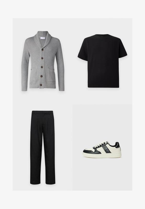 Grå strikket cardigan med sjalkrage, fem brune knapper, to frontlommer og ribbestrikkede mansjetter. Teksturen gir et koselig utseende.; Svart T-skjorte med korte ermer laget av teksturert stoff, med rund halslinning og en avslappet passform. Enkel, uten mønstre eller detaljer.; Sorte bukser laget av glatt stoff, med rette ben, to frontfoldninger og standard liv med beltehemper.; Lædersneakers med sort og creme farveskema, der har perforerede detaljer, en polstret krave og en struktureret ydersål.
