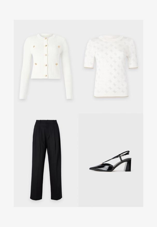 Balta gofruota kardiganas su ilgomis rankovėmis, apvaliu iškirpimu, šešiais auksiniais mygtukais ir dviem priekiniais kišenėmis su atlenkimo detalėmis.; Mezgamas baltas trumpomis rankovėmis palaidinės su subtiliu raštu, apvaliu iškirpimu ir auksiniu akcentu apatinėje dalyje. Audinys atrodo lengvas ir kvėpuojantis.; Juodos kelnės su pritaikytu dizainu, turinčios aukštą liemenį, raukšles ir tiesius džinsus. Pagamintos iš lygaus audinio, vienos spalvos.; Juodos lakinės odos aukštakulnės basutės su smailiu pirštu, reguliuojama juosta ir storu stačiakampiu kulnu.